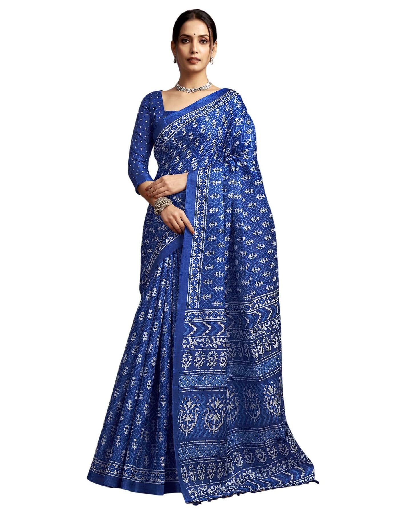 SIRIL Women's Cotton Blend Printed Saree With Unstitched Blouse Piece (3999S136_Navy Blue)