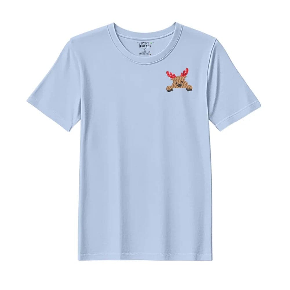 Threads Medium Sky Blue Polycotton T-Shirt - Christmas "Peeking Reindeer" Embroidered Design, Premium Holiday Collection