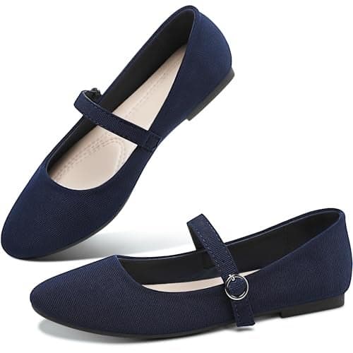 Obtaom Mary Jane Flat Shoes Round Toe Ballet Flats for Women Dressy Fabric Business Flats Comfortable Classic Strap Flats for Office(Navy,US7)