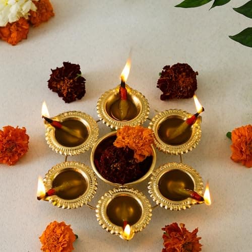 Klassic Unique and Antique Handcrafted 6 Diya Shape Flower Decorative Urli Bowl | for Floating Flowers and Tea Light Candles | Home and Office Decor | Diwali Decoration Items (8 Inch, Pack of 1)
