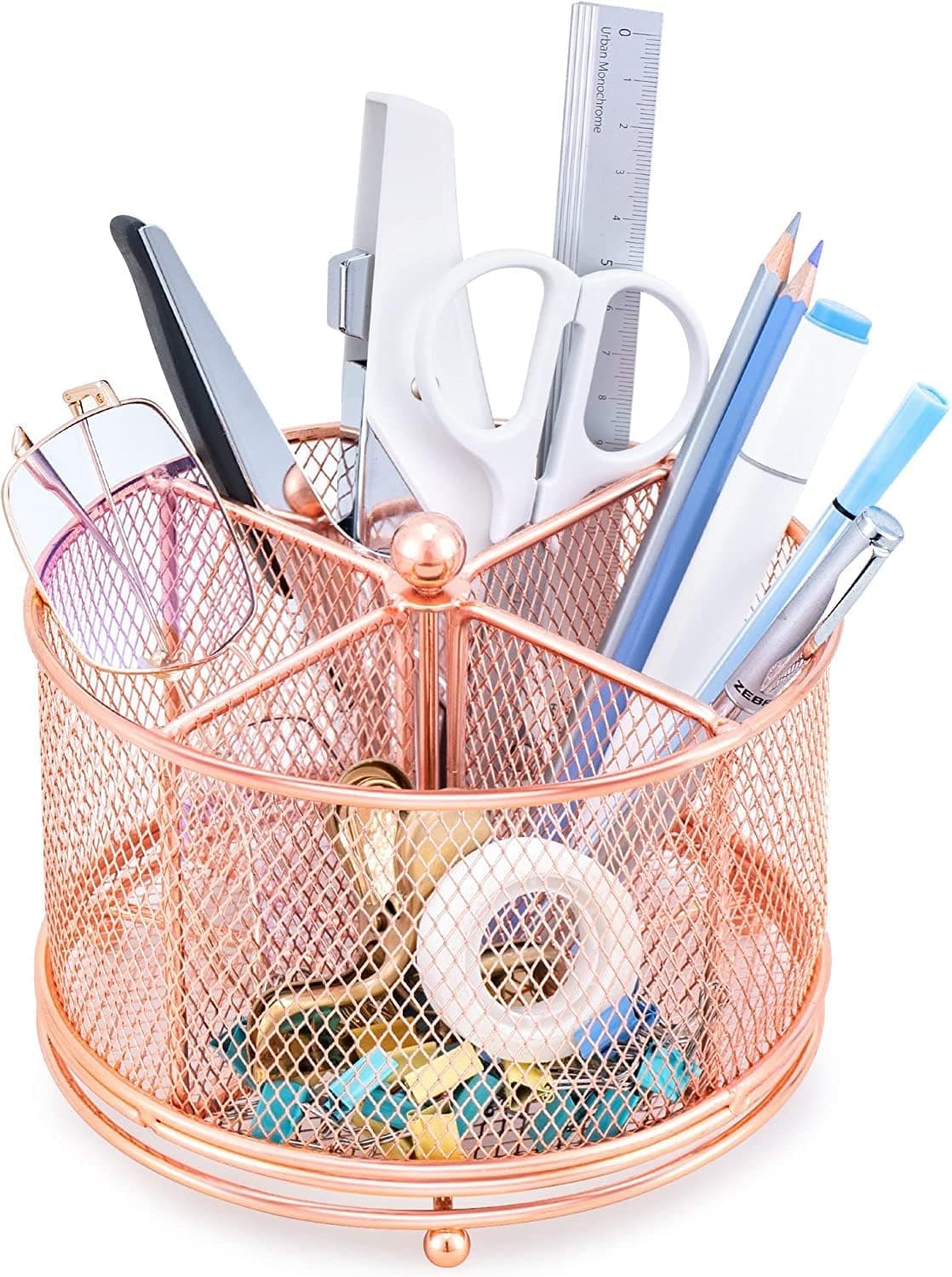 Metal Pen Holder, 360° Rotating Makeup Brush Storage Cartridge, Desk Organizer for Home Office Supplies, 4 Compartments Mesh Organizer with Large Storage Capacity