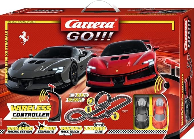 Carrera GO!!! Ferrari SF90 XX Stradale Wireless Slot Car Race Track Set – Model 20062578 | 1:43 Scale Licensed Cars | 5.3m Electric Track with Turbo Speed | 2 Player Wireless Racing Game Toy for Kids & Adults | Family Fun Gift