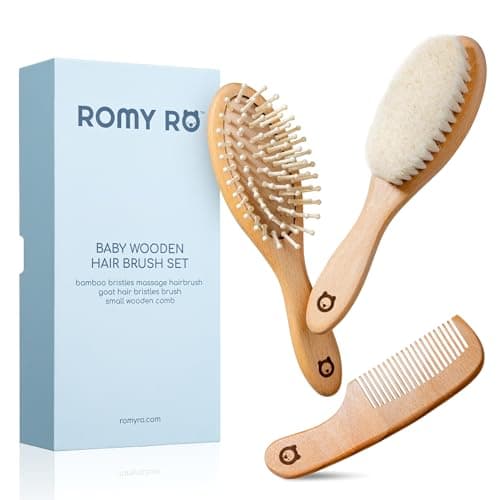 ROMY RO Wooden Hair Brush Set Premium Baby Comb and Brush Soft Natural Bristles Organic Products Perfect Registry Gift Cradle Cap Brush for Newborns Toddlers