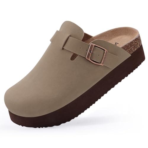 KIDMI Women's Platform Clogs Leather Mules Cork Footbed Potato Shoes, Taupe, Size 7.5-8