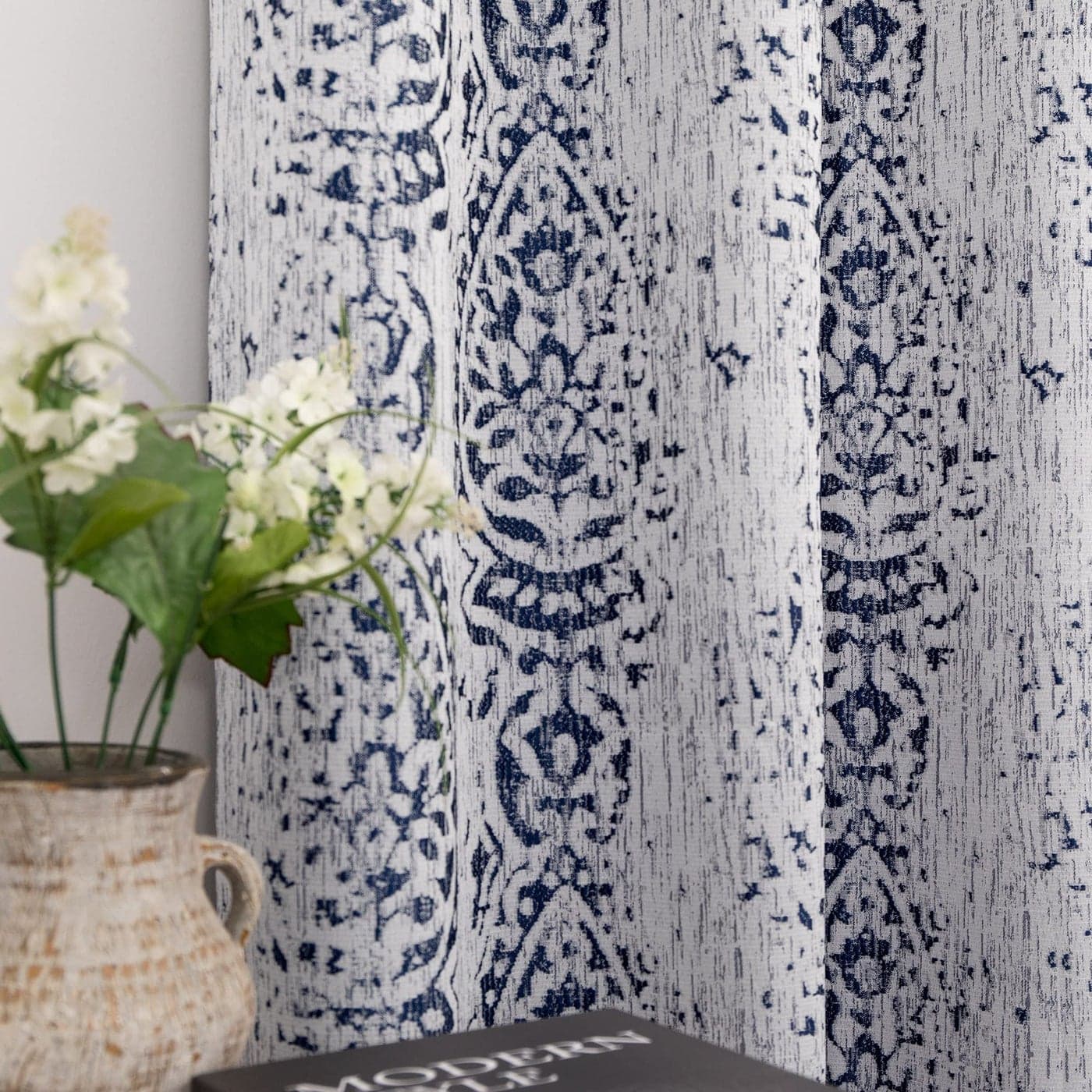 Living Room Curtains 63 Inch Length 2 Panels with Ikat Ogee Design Window Treatments Grommet 50 Heat Blocking Coastal Unique Moroccan Pretty Blackout Curtains for Bedroom Navy Blue and Gray White