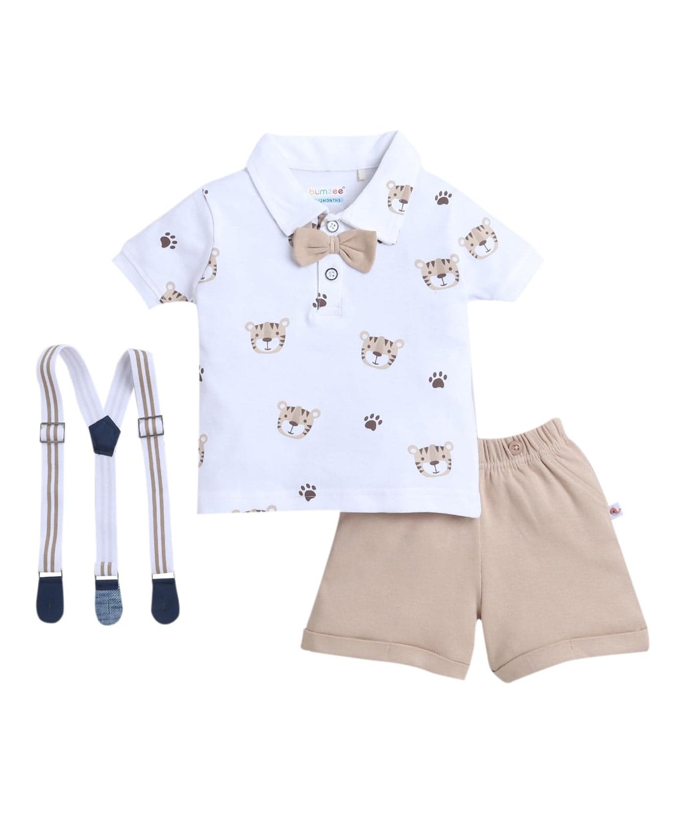 BUMZEE White & Brown Boys Half Sleeves T-shirt & Short Set With Bow Suspender Age - 0-6 Months (Peb9051B-wht.bwn)