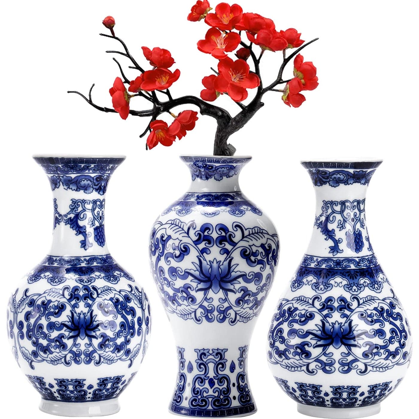 WUWEOT Set of 3 Small Blue White Vases Porcelain Chinoiserie Vase Petite Classic Oriental Bottle Vases Decorative Art Fambe Glaze Floral Bud for Home Decor and Events