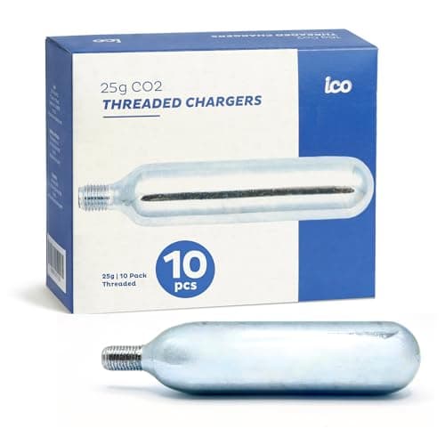 ICO CO2, 10pcs, 25g Threaded CO2 Cartridges, CO2 Cartridges for Use with CO2 Inflator for Bike Tires, C02 Cartridges for MTB & Road Bikes, Food Grade CO2