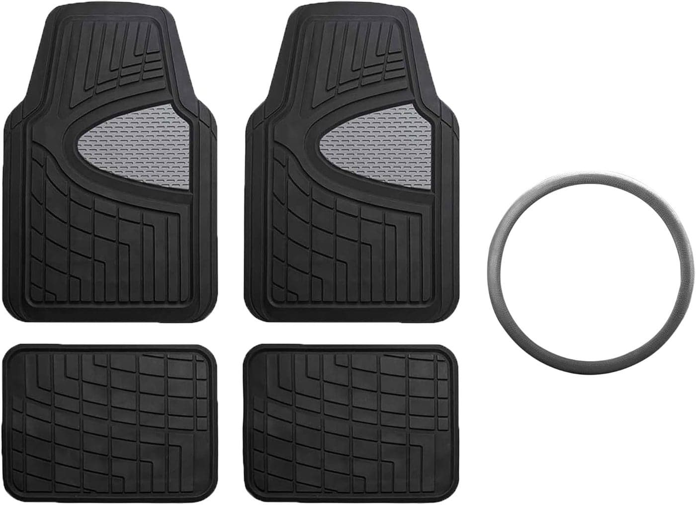 FH Group Fh F11311 Premium Tall Channel Rubber Floor Mats with Silicone Steering Wheel Cover - Gray/Black