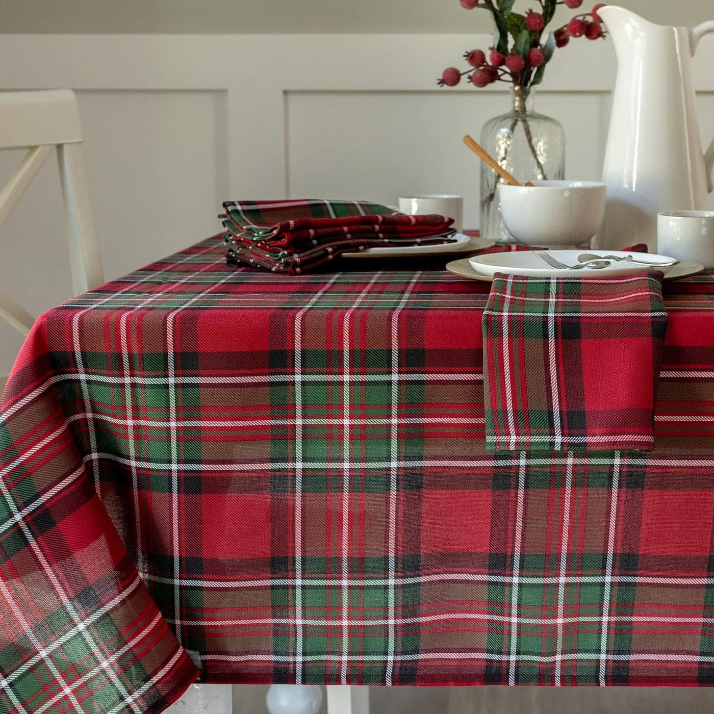 Benson Mills Holiday Plaid Yarn Dyed Fabric Table Cloth Holiday Winter and Christmas Tablecloth 52 X 70 Rectangular Red