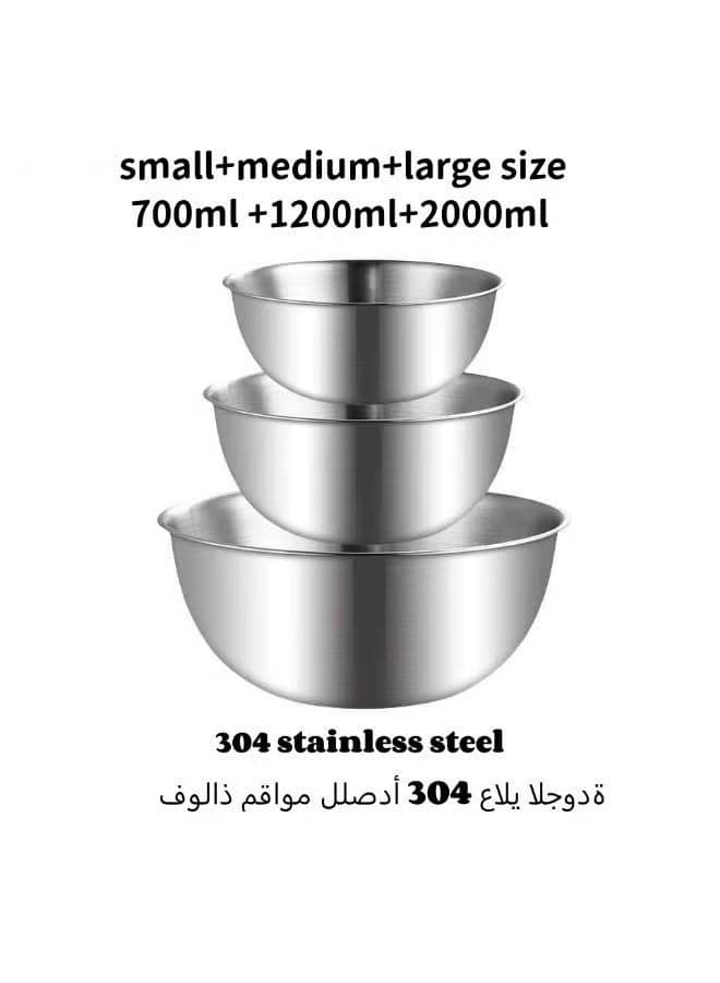 3-piece 304 Stainless Steel Basin, Beat Eggs, Kenad Into Dough, Fruit Salad And Prepare Vegetables 700ml+1200ml+2000ml