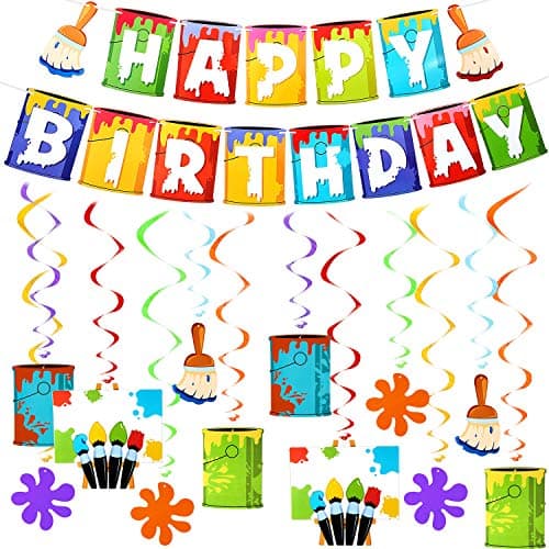 Shappy 25 Pieces Art Painting Party Decorations Includes 1 Happy Birthday Banner 12 Painting Birthday Card and 12 Art Hanging Swirl for Baby Shower Party Supplies