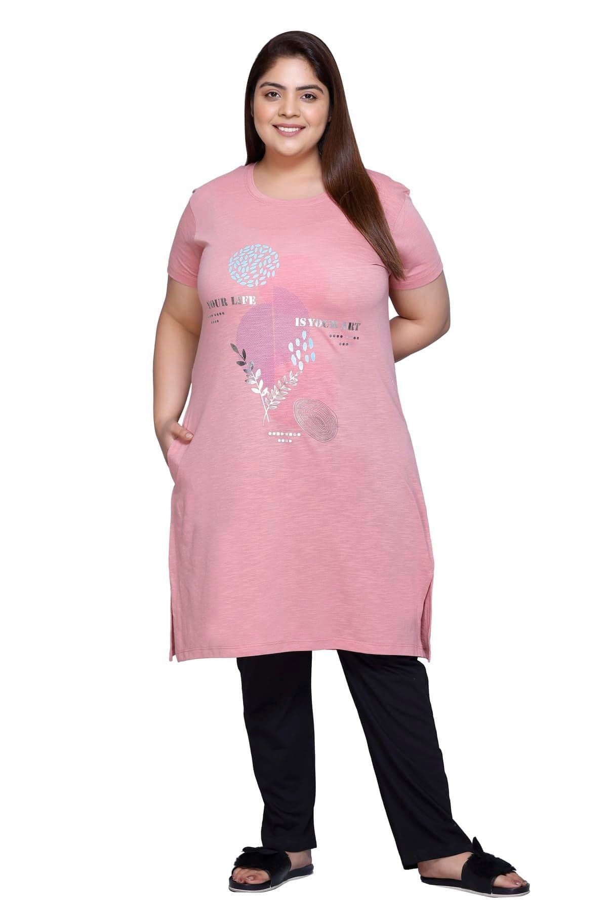 RYSH Women's Front Printed Cotton Plus Size Chemise,Metalic Rust,L