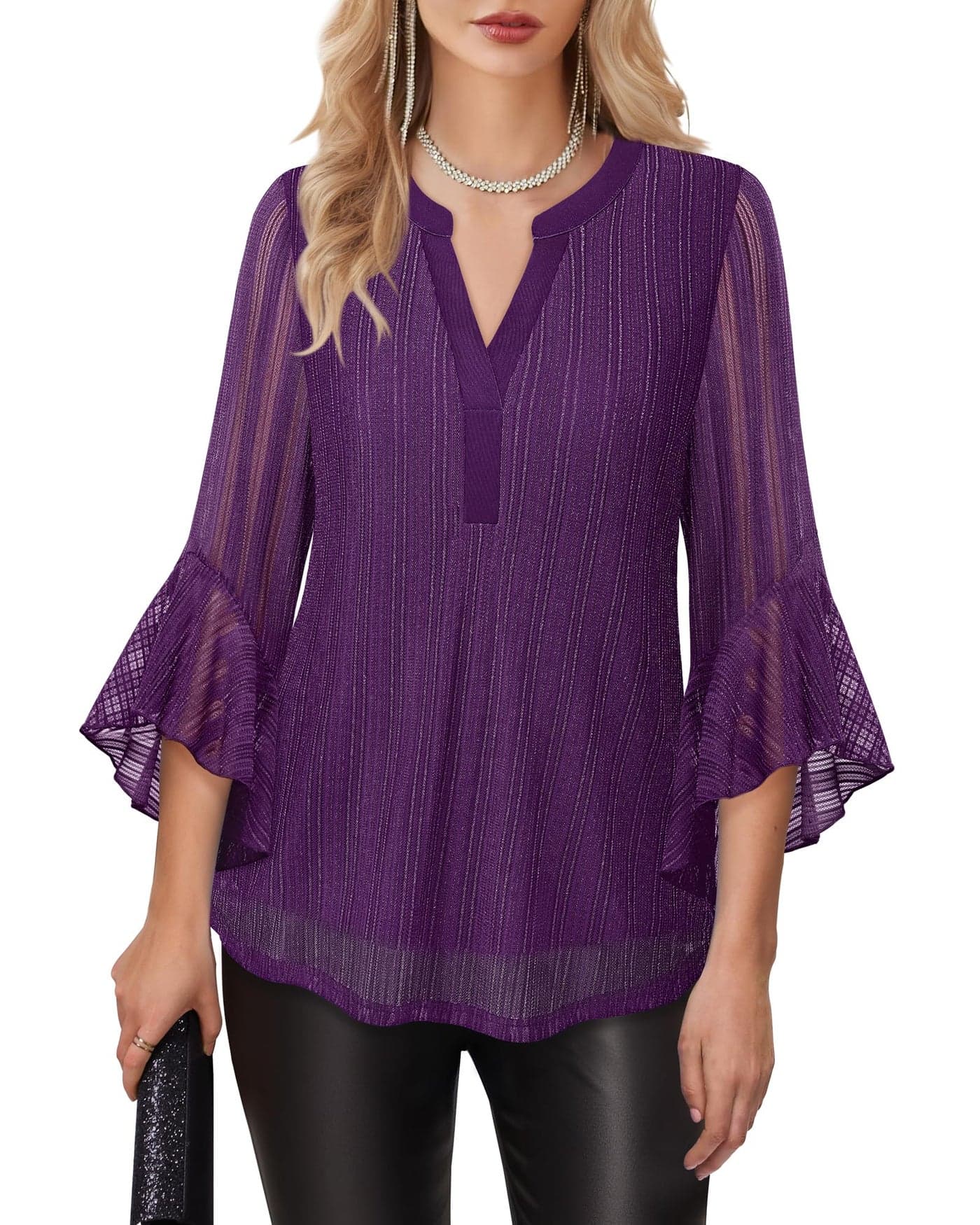 Lotusmile Womens Tops Dressy Purple Blouse Dressy Tops for Women Night Out Evening Wear Glitter Top for Party Night Cocktail Disco Outfit Woman Elegant Fancy Top Purple Blouses for Women Dressy