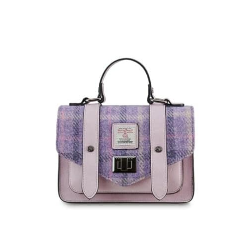 Islander Harris Tweed Mini Satchel, Handbag for Women, Flap and Microfiber Leather (Violet Mini Dogtooth)