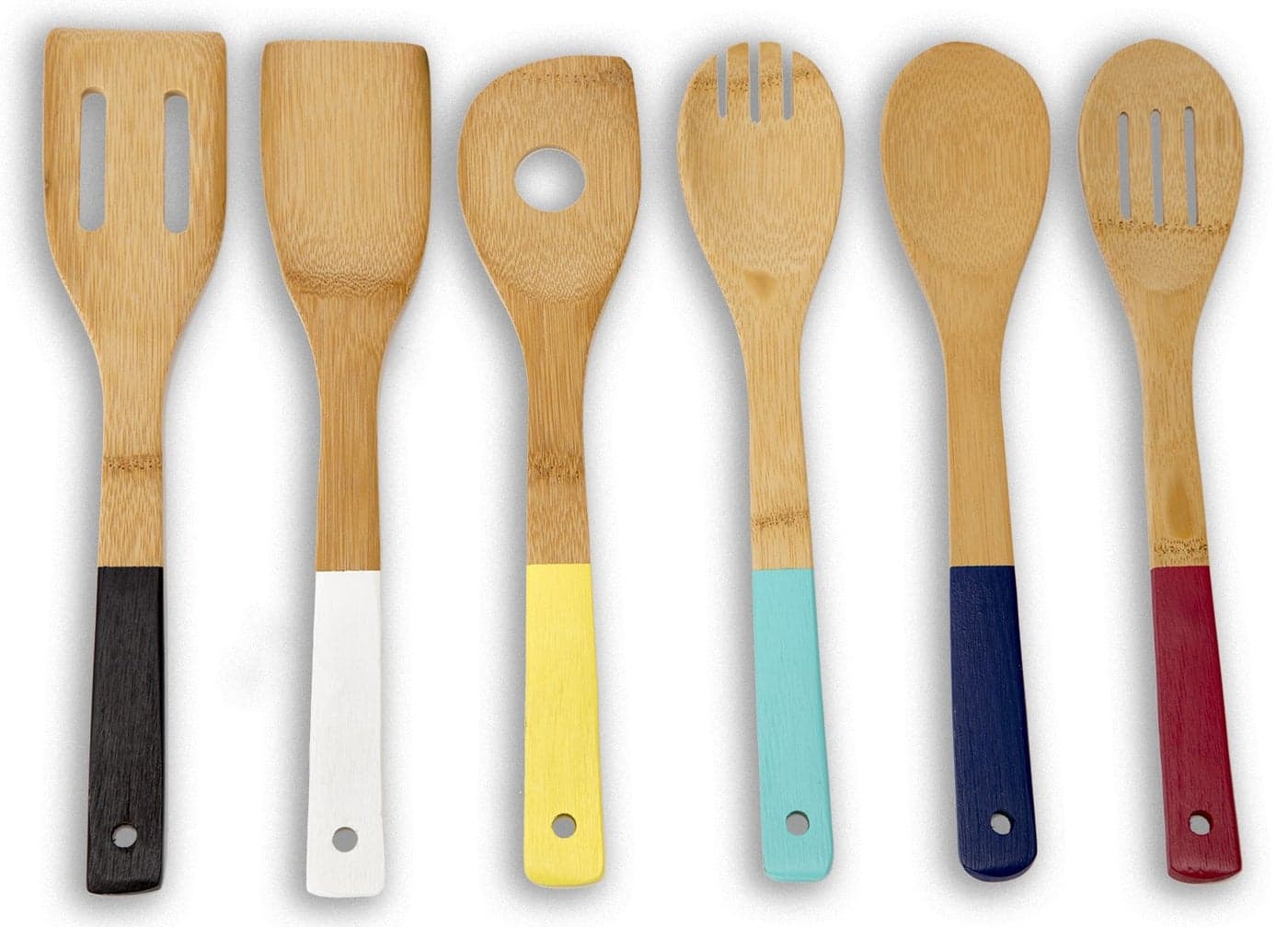 Home Basics Bamboo Cooking Utensils Set with Color Handles, 6-Piece, 2.5" x 12" x .25"