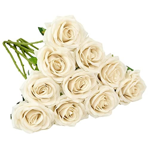 IUKnot Artificial Rose 10pcs Open Flower Bouquet Faux Rose Stems for Wedding Arrangement, Bridal Bouquet, Centerpiece, Fake Faux Silk Flowers (Beige)