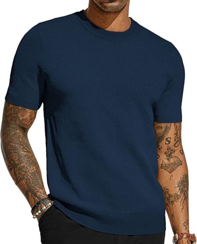 PJ PAUL JONES Blue Shirts for Men T Shirts Short Sleeve Crew Neck Waffle Knit Tee Summer Casual Fashion Pullover Tops L