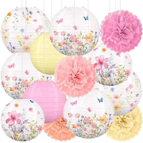 Renbuzhu 13PCS Spring Wildflower Party Decorations Hanging Paper Lanterns Pom Poms for Baby in Bloom Baby Shower Tea Garden Fairy Birthday Party Home Indoor Outdoor