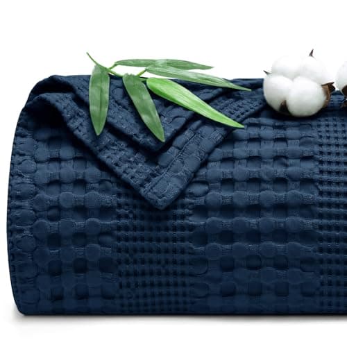 PHF Cooling Waffle Blanket Queen Size, Lightweight 60% Rayon Derived from Bamboo & 40% Cotton Breathable Blanket for Hot Sleepers, Soft and Luxury for Bed Couch and Sofa, 90"x90", Navy Blue