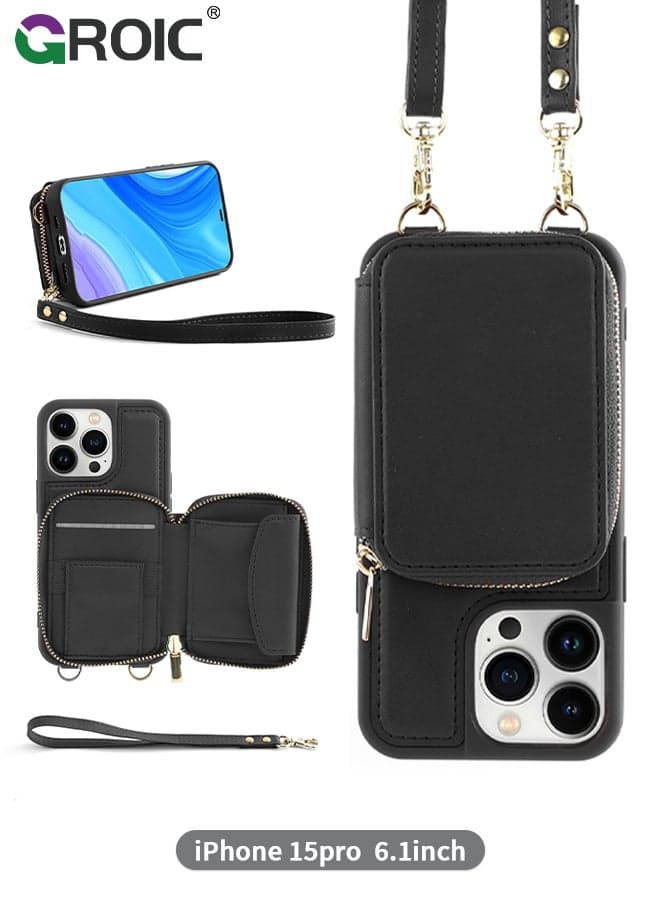 iPhone 15 Pro Black Crossbody Wallet Case with Wrist Strap, Card Holder Phone Purse for Women, RFID Blocking Zipper Leather Cover for iPhone 15 Pro