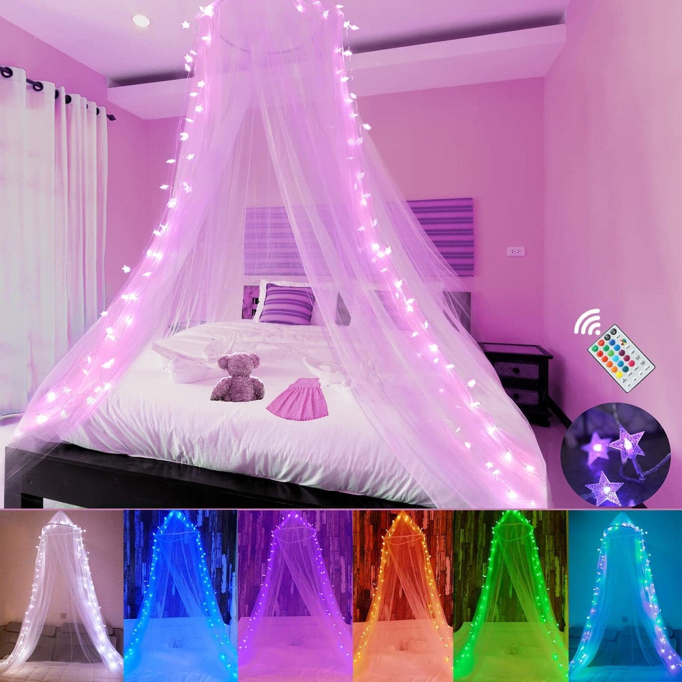 Obrecis Bed Canopy with LED Star Lights Princess Canopy Bed Curtain with 18 Colors Changing String Lights Remote Timer for Girls Bedroom Pink Red Blue White Dome Canopy for Twin to King Size Bed