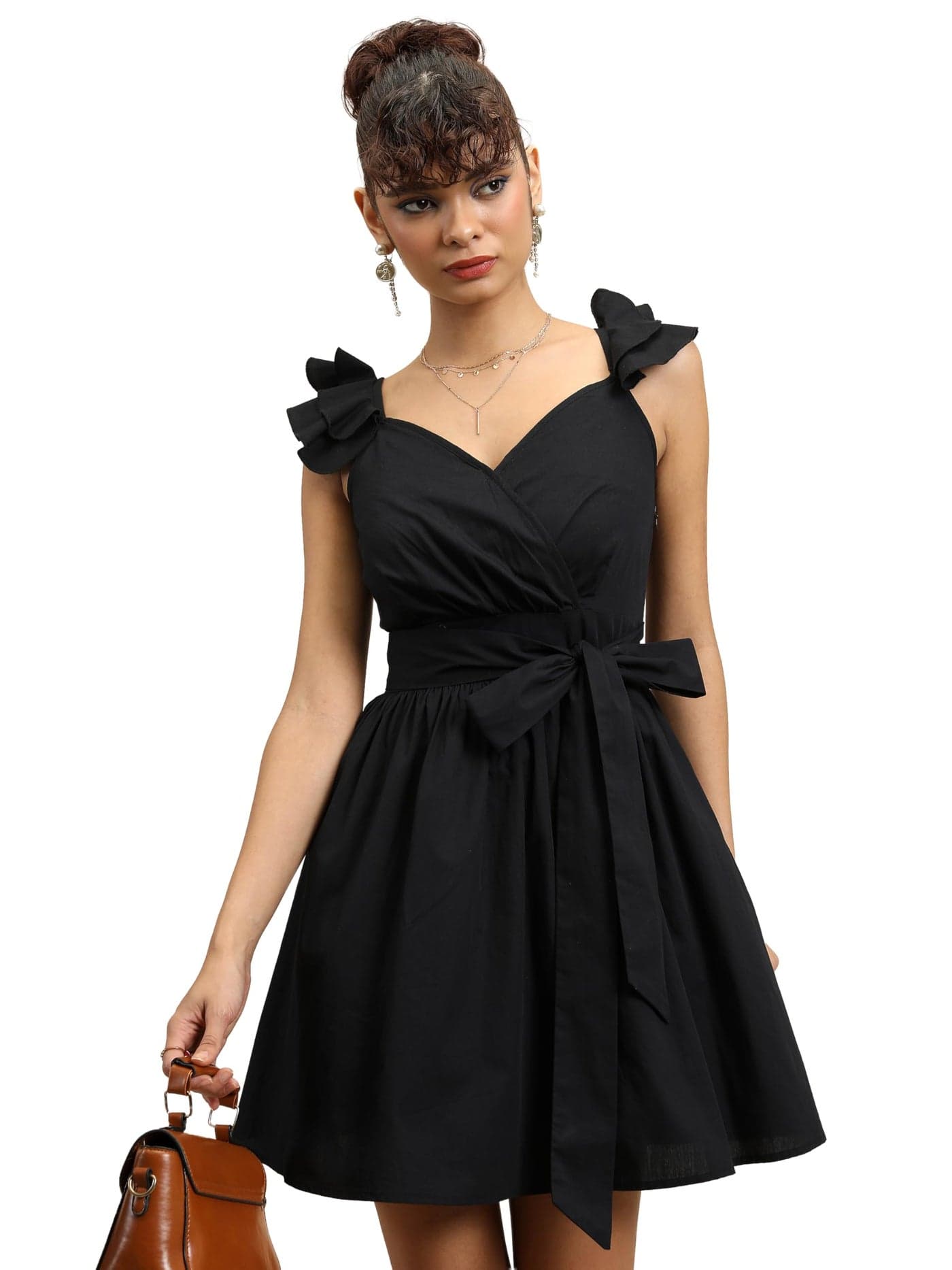 Tokyo Talkies Black Pleated Ruffled Tie Up Fit & Flare Dress