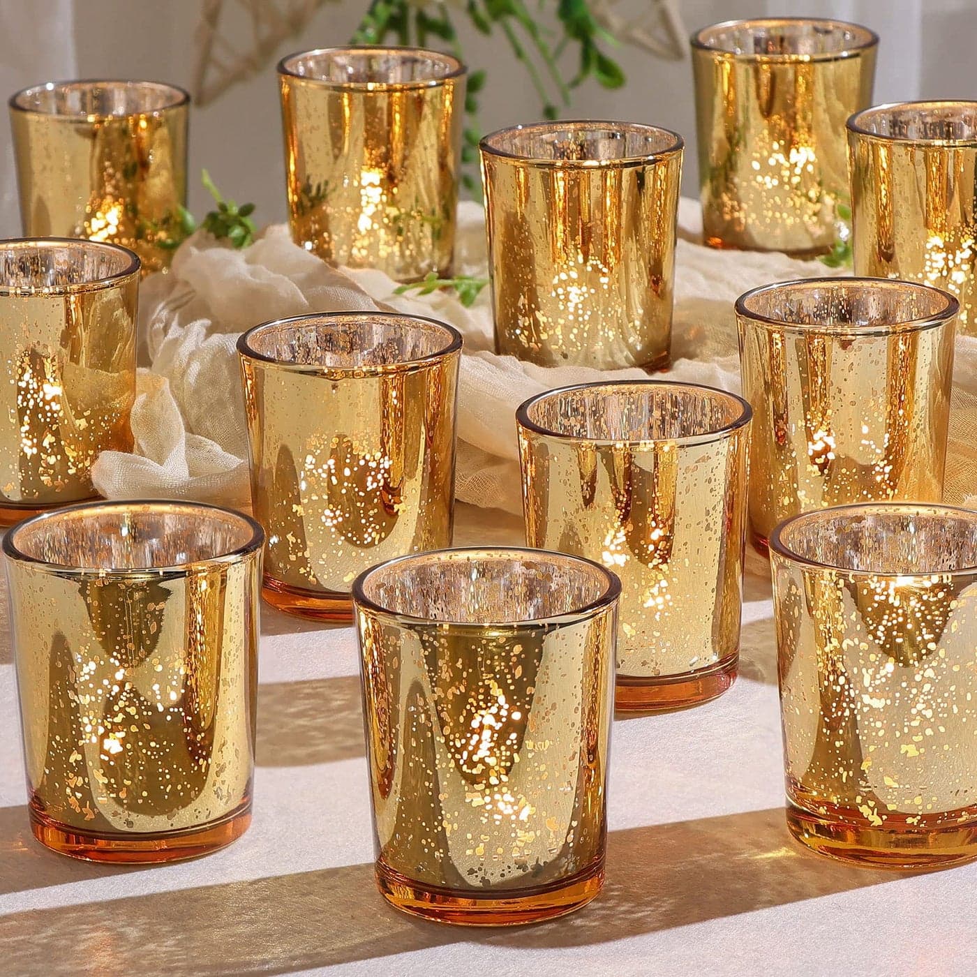 DEVI Gold Votive Candle Holders 24 Pcs Mercury Tealight Candle Holder Glass Gold Wedding Centerpieces for Table Decorations Valentine Diwali Party Bridal Shower Decorations
