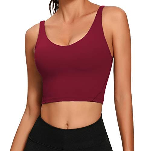 Lemedy Women Sports Bra Longline Crop Tank Top Padded Workout Running Yoga (L, Burgundy)