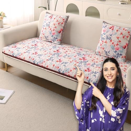 HOKIPO 'Florentina Series' Foam Filled Premium Holland Velvet Antiskid Sofa Cover Mat for 1/2/3 Seater & L-Shape Sofa. Make Your Own Set, Mat 70(D) x 170(L) cm, Scarlet Rose Ivory (IN-881-V4)