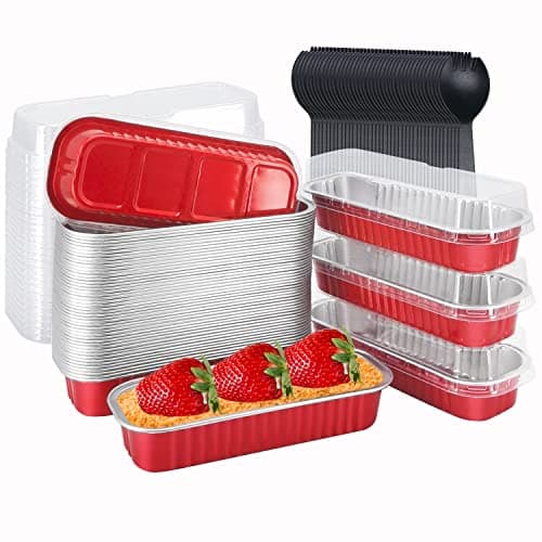 LNYZQUS Mini Baking Pans With Lids 50 Pack 68oz Aluminum Foil Small Loaf Pans Tins HoldersRectangle Baking Cups Muffin TinsDisposable Ramekins Muffin Cups For Mini Cake Bread Red