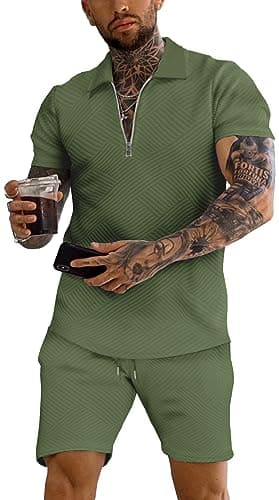 URRU Men's Polo Shirt and Shorts Set Summer Outfits Fashion Casual Short Sleeve Polo Suit for Men 2 Piece Short Set Army Green L