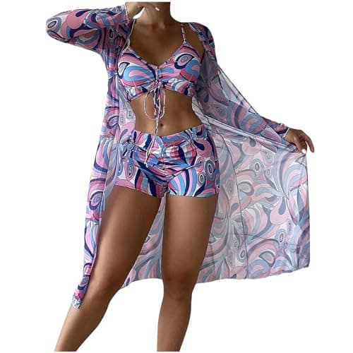 SSoShHub Women's Babydoll Lingerie Bodysuit Swimwear Mini Chemise Mesh Wedding Robe with Bikini Nightie Bridal Nightdress with Bra, Panty and Robe 3 Piece Set Pink Free Size