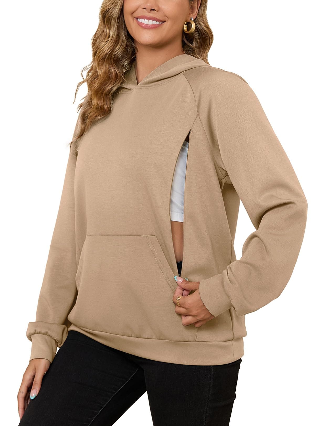 Nursing Sweatshirt Hoodie for Breastfeeding with Hidden Zippers Maternity Breast Pumping Tops Kangaroo PocketBrown L