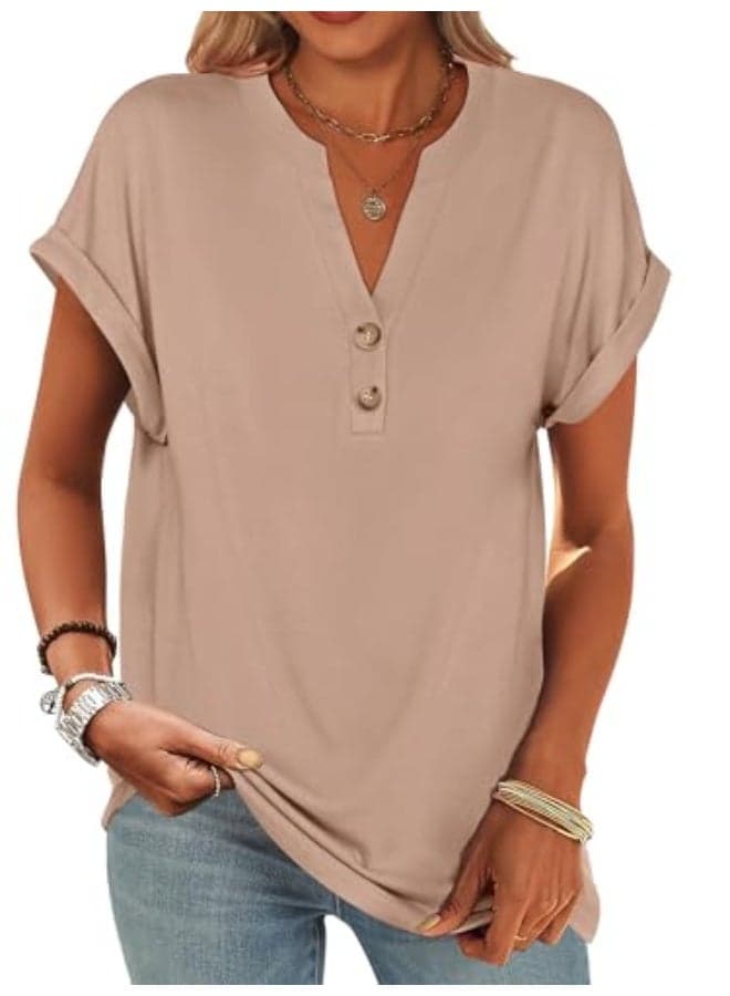 Womens Short Sleeve Henley Tops V Neck Dressy Casual Blouses Summer Trendy Tee Shirts 2025 Vacation Fashion Clothes
