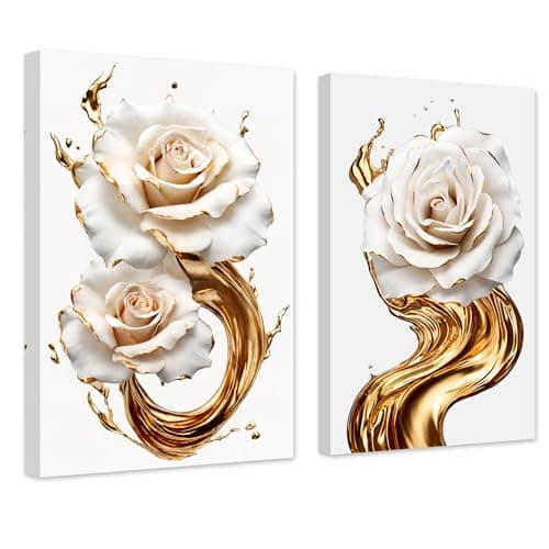 ZXHYWYM Abstract White Gold Rose Wall Decor 2 Panels Elegant Blooming Rose Flowers Canvas Art Prints Paintings Modern Artwork Home DecorWhite 1100 x 1400 x 2PCS