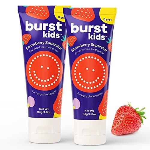 BURST Fluoride Free Strawberry Kids Toothpaste (4oz/2 Pack) | Great Tasting, Dye Free for Baby & Toddler Age 0+ | with Nano Hydroxyapatite