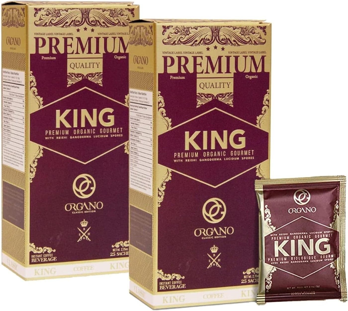 ORGANO King Premium Organic Gourmet Coffee with Ganoderma Lucidum - 2 Boxes of 25 Sachets