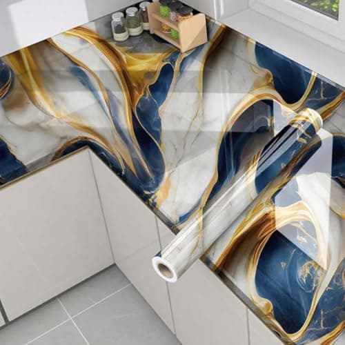 Vinyl Peel and Stick Waterproof Wallpaper for Old Furniture Self Adhesive and Removable Surfaces for Home Cabinet Oil Proof Kitchen Countertop Stickers (1, Ocean Blue Gold(60x200cm))