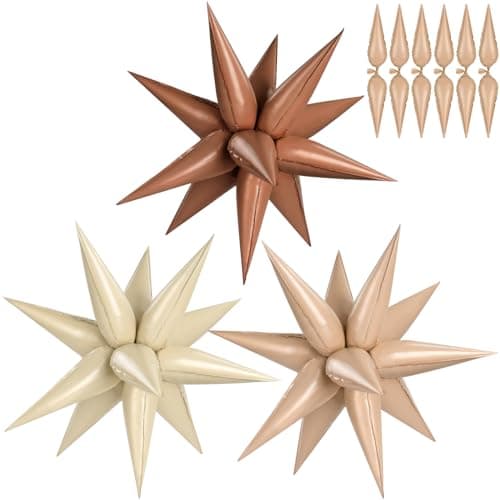 Brown Cream Caramel Star Foil Balloons 36PCS Metallic Beige Neutral Tan Explosion Balloons Cone Mylar Spike Balloon for Birthday Baby Shower Boho Wedding Party Decorations