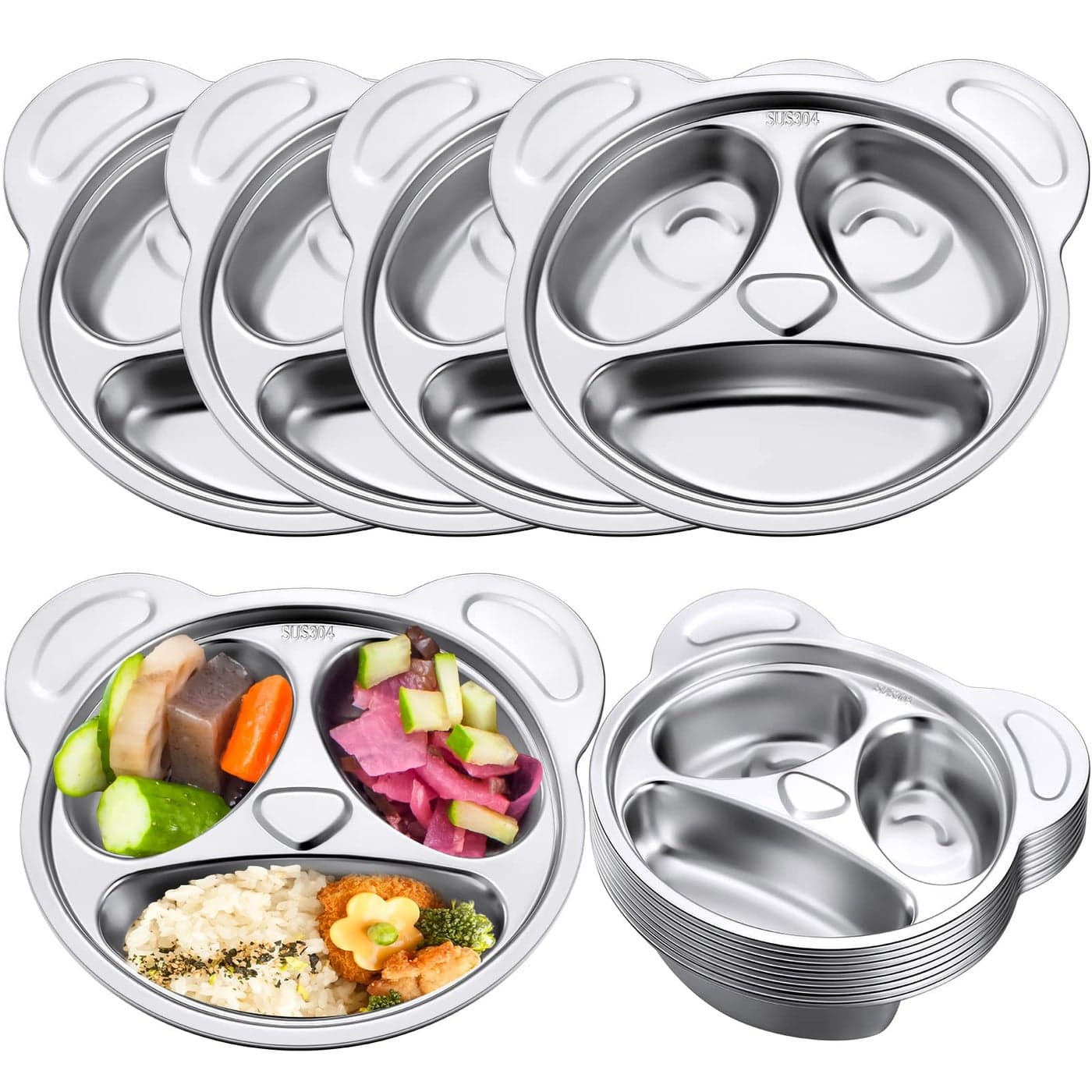 Lounsweer Set of 8 304 Stainless Steel Kids Plates 3 Sections Unbreakable Metal Cute Panda Shape Compartment Plates for Toddler Picky Eaters Lunch Camping