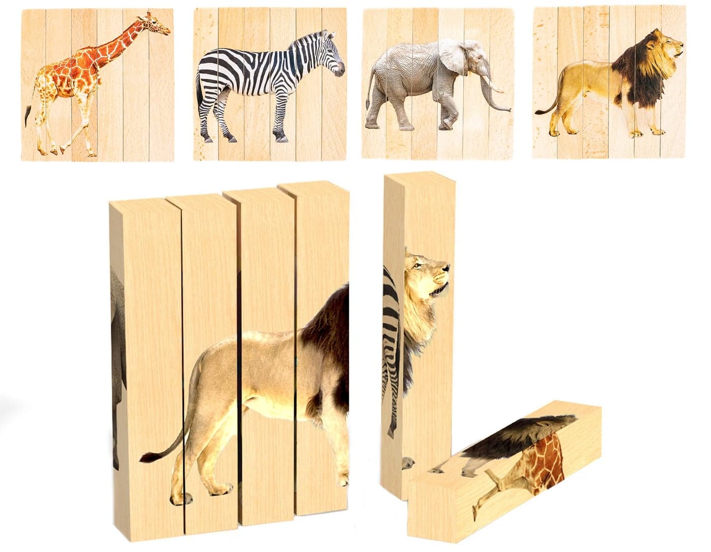 Wooden Animal Chunky Puzzles for Toddlers 2+ Years - Montessori 4 in 1 Safari Animal Block Puzzle Toy