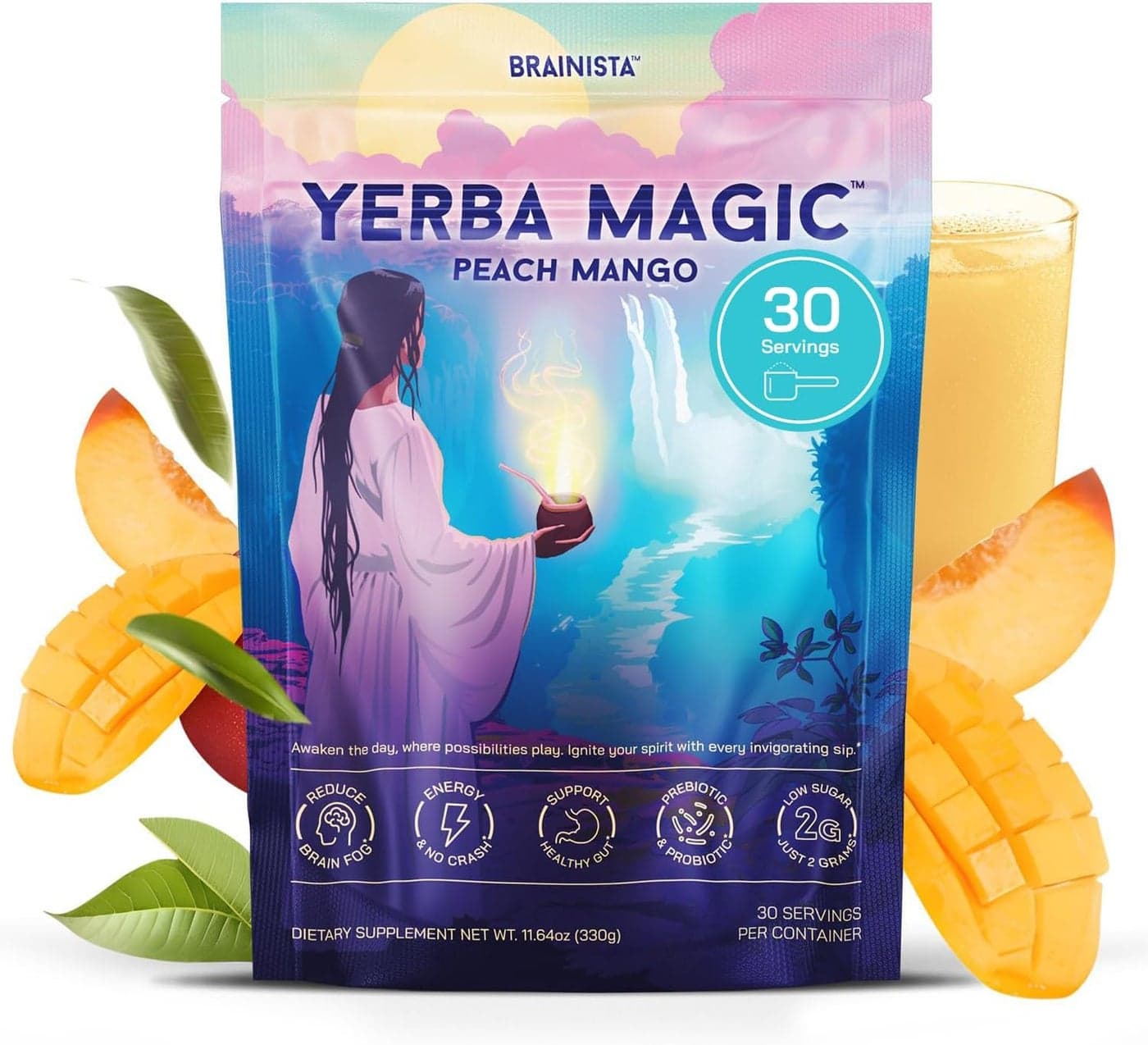 Yerba Magic Peach Mango - Instant Yerba Mate Tea Powder with Nootropics, Prebiotics & Probiotics for Clean Energy and Mental Clarity - 30 Servings