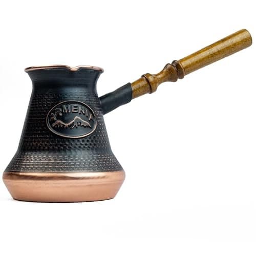 Handmade Armenian Coffee Pot Maker (7.6 Fl Oz) Copper Jazva Ararat Turkish Arabic Greek Cezve Jezve Ibrik Turka Jazzve Jazve Wooden Handle (7.6 Fl Oz (225ml))