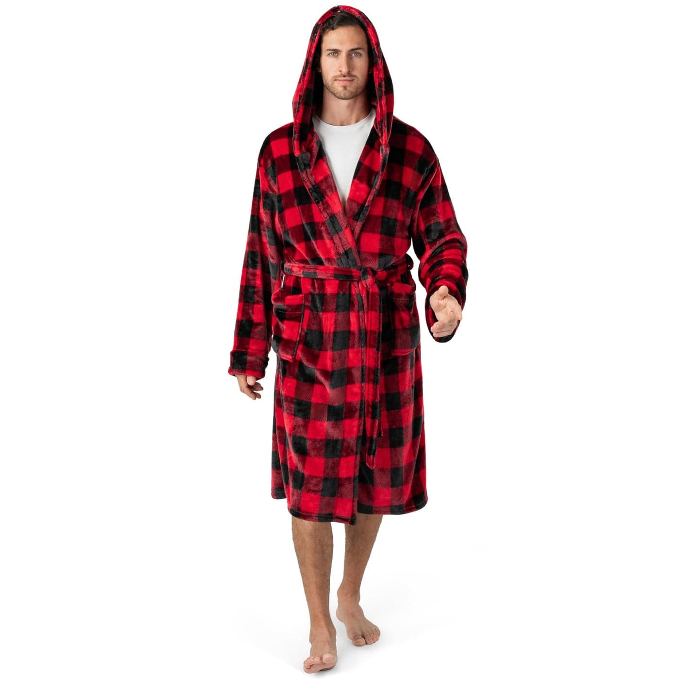 PAVILIA Mens Robe Hooded Bathrobe for Men Fleece Red and Black Robe for Men with Hood Plush Long Male Robe with Pockets Plaid Red Buffalo Check