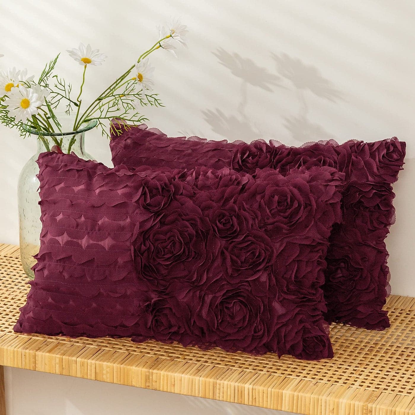 CaliTime Throw Pillow Cases Pack of 2 Solid 3D Stereo Chiffon Wave Rose Flower Decorative Cushion Covers Shells for Couch Sofa Bedroom 12 X 20 Inches Burgundy