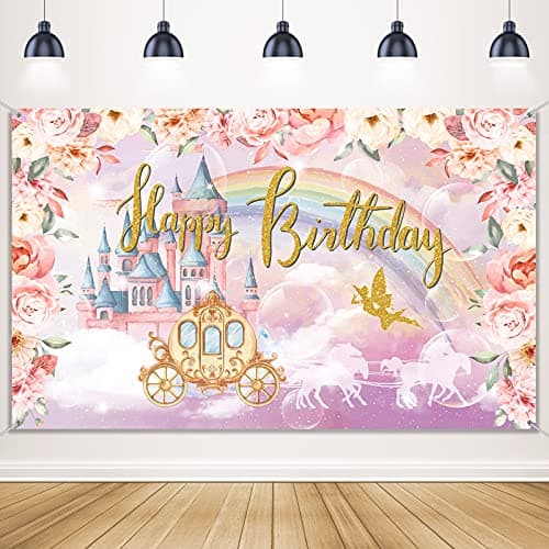 Tatuo Happy Birthday Banner Pink Princess Birthday Decorations for Women Girls Princess Theme Backdrop Party Decorations Gold Pink Castle Crown Floral Photography