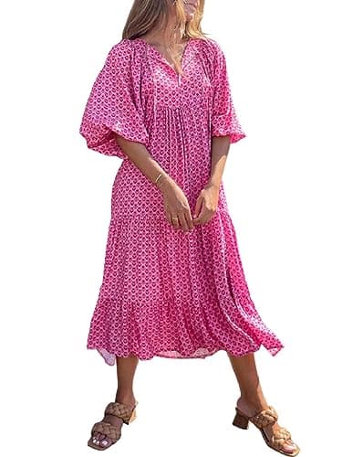 miduo Womens Dresses Beach Loose Autumn V Neck Short Half Sleeve Floral Pattern Bohemian Long Maxi Flowy Ankle Dresses S