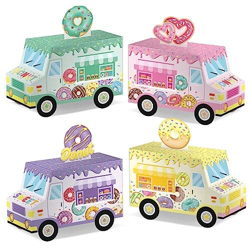 Seajan 24 Pcs Donut Party Favor Boxes Sweet One Two Truck Treat Goodie Candy Gift Bags for Doughnut Grow Up Theme 1st 2nd Birthday Baby Shower Table Decorations Supplies for Guests