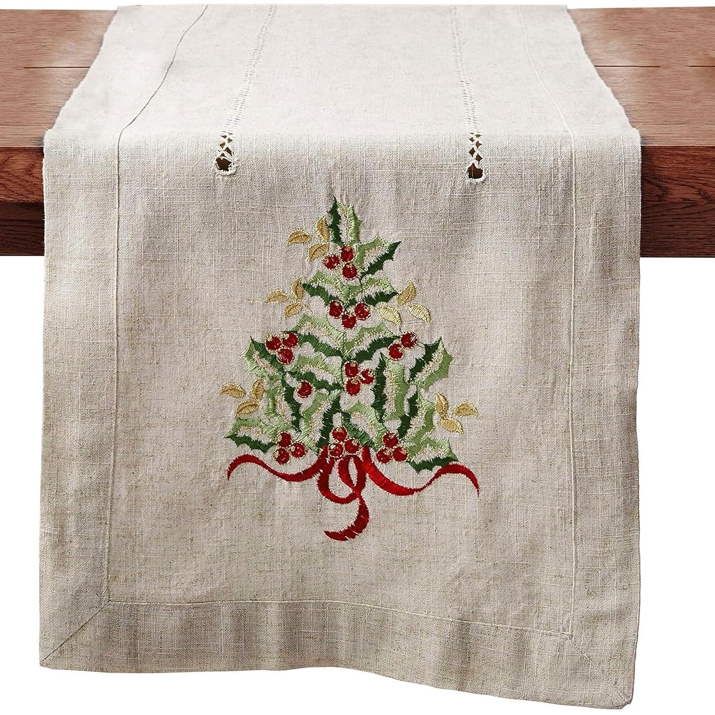 SARO LIFESTYLE 60041N1690B Holly Collection Christmas Tree Embroidered Table Runner 16x90 Natural